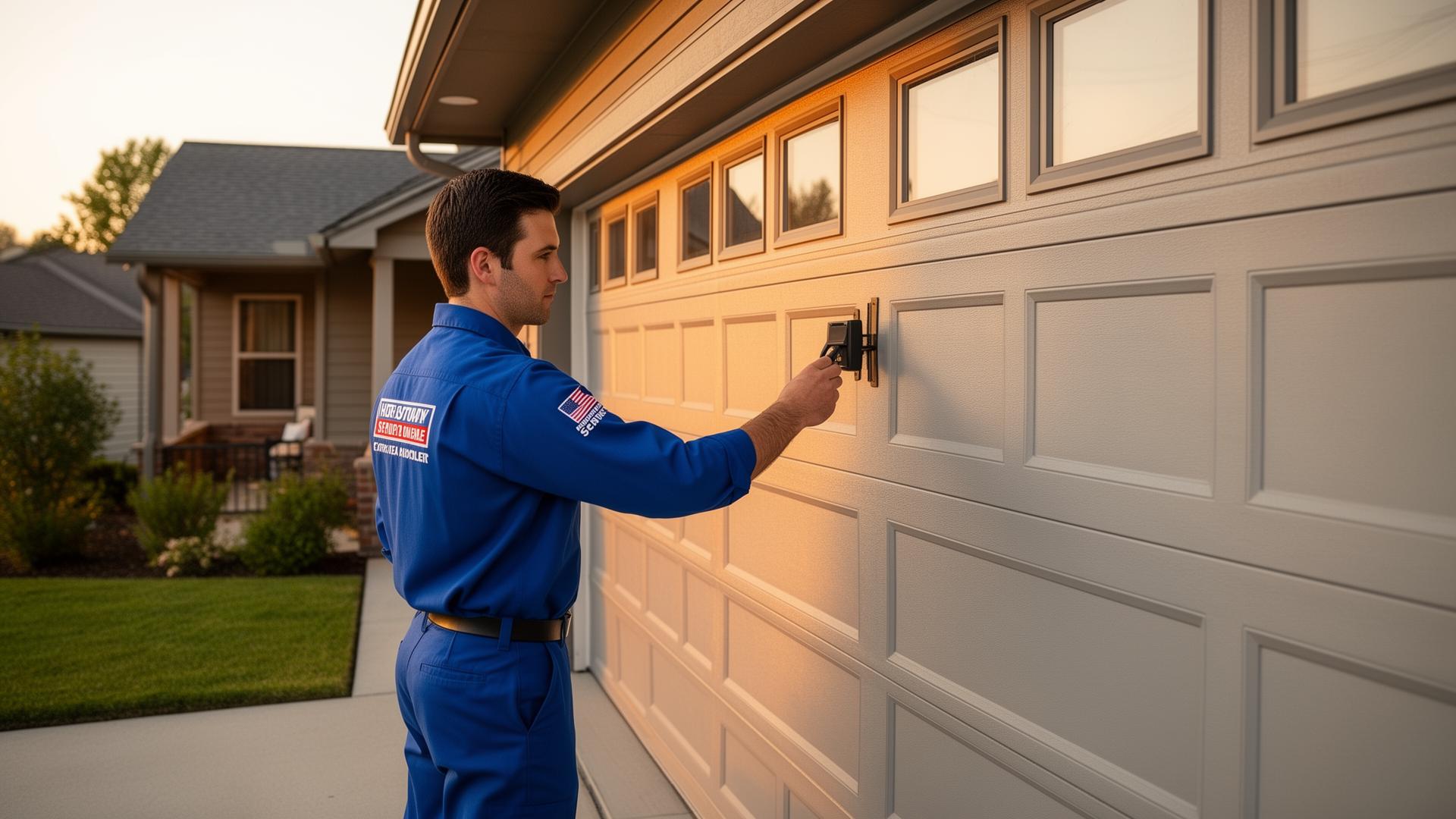 Professional garage door technician servicing a residential garage door
